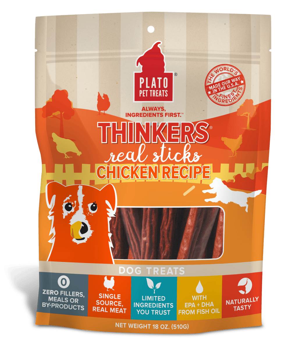Plato Hundur's Thinkers Chicken Meat Stick Dog Treats 18oz, Front Pouch