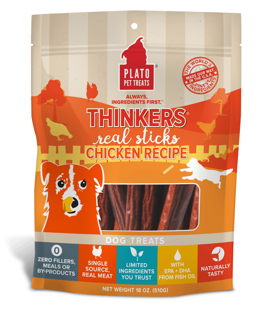 Plato Hundur's Thinkers Chicken Meat Stick Dog Treats 18oz, Front Pouch