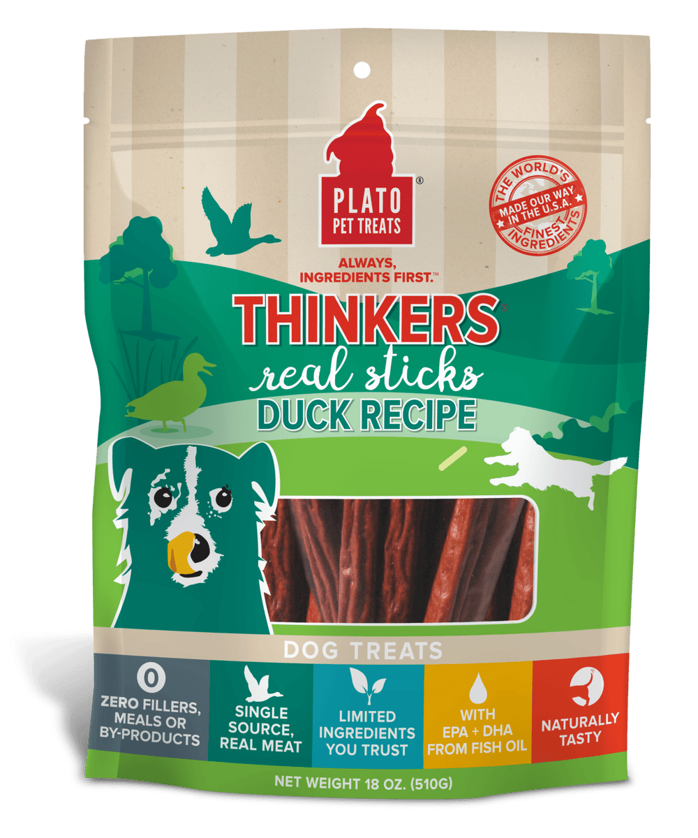 Plato Hundur's Thinkers Duck Meat Stick Dog Treats 18oz, Front Pouch