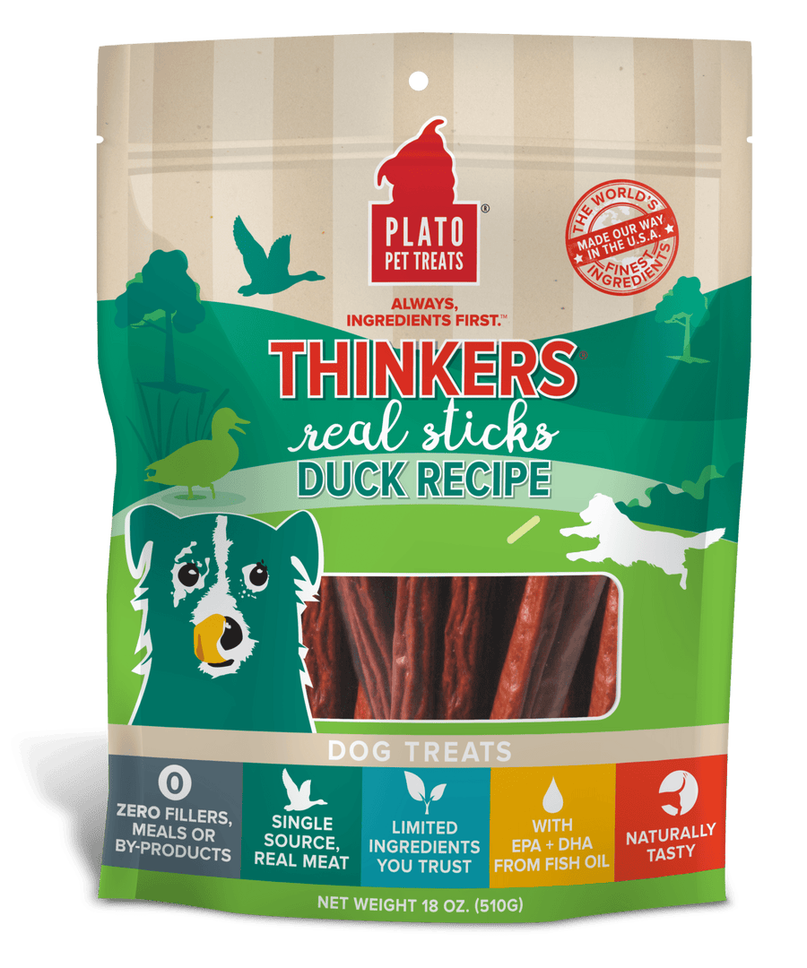 Plato Hundur's Thinkers Duck Meat Stick Dog Treats 18oz, Front Pouch