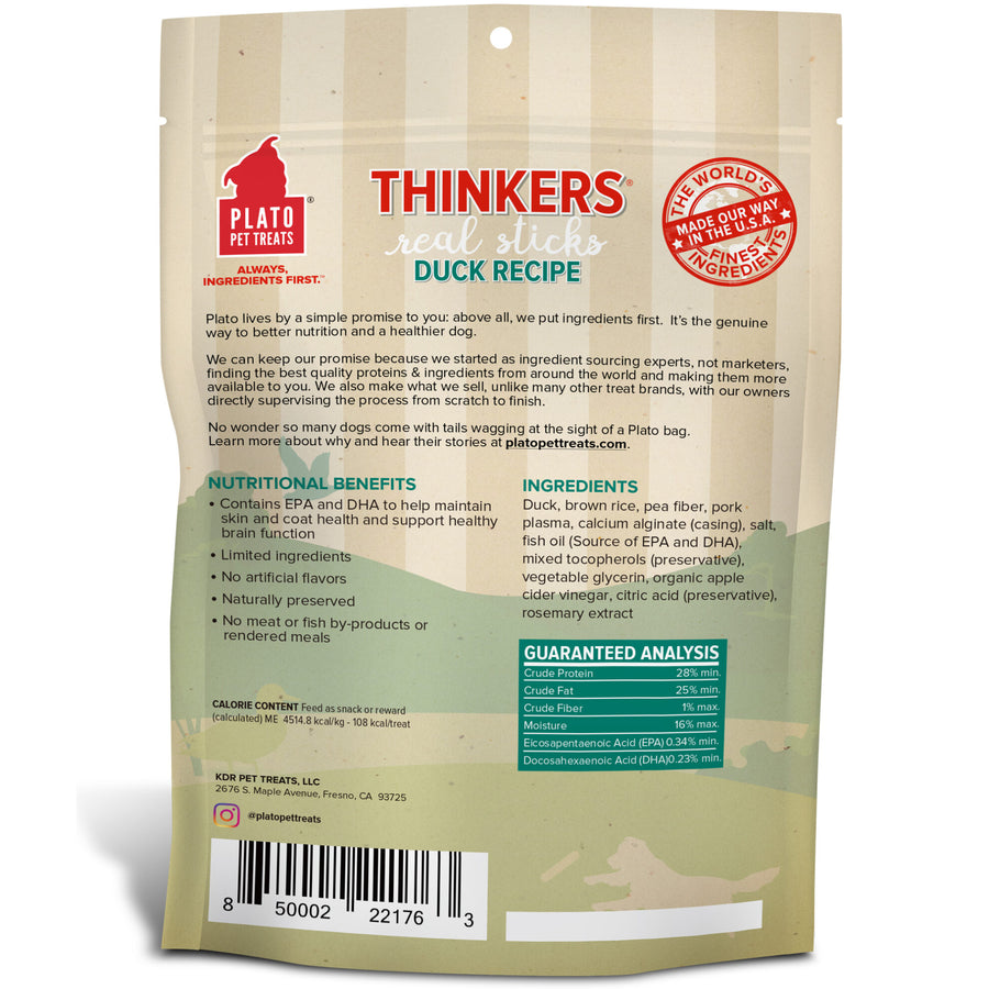 Plato Hundur's Thinkers Duck Meat Stick Dog Treats 6.5oz, Back Pouch