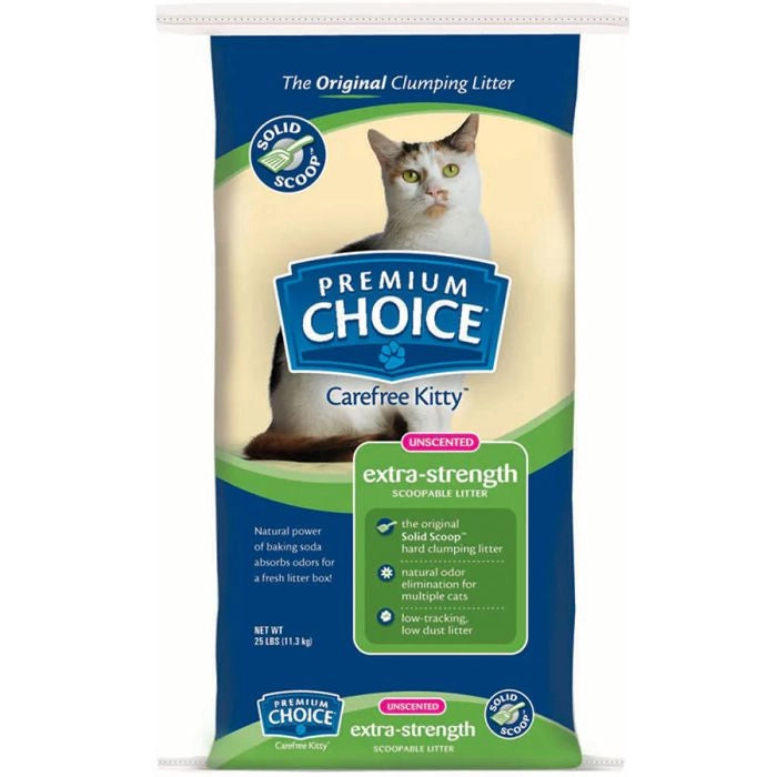 Front bag of Premium Choice Carefree Unscented Clumping All Natural Cat Litter 25 lbs