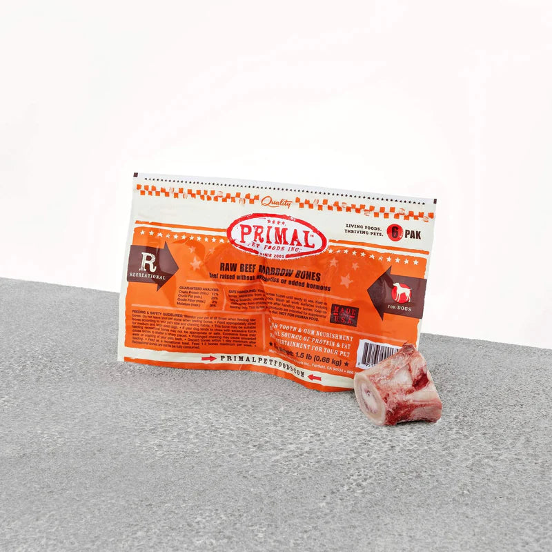Front packaging of Primal Frozen Raw Beef Marrow Bones for Dogs 