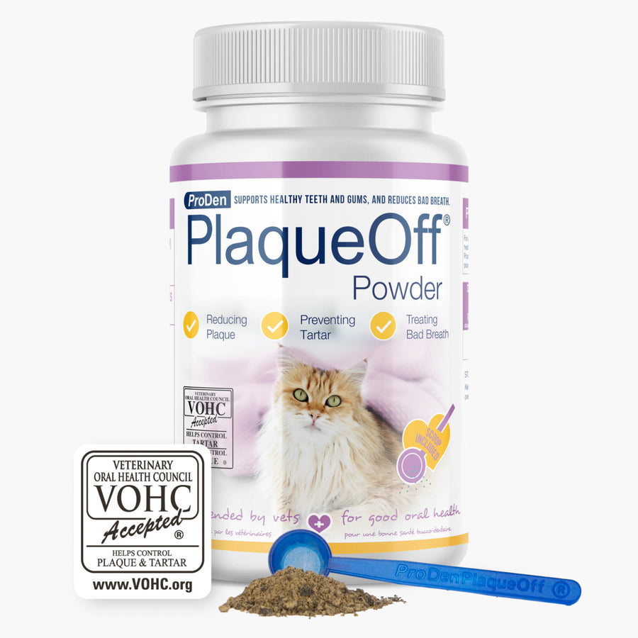 ProDen PlaqueOff Cat Powder front of tub.