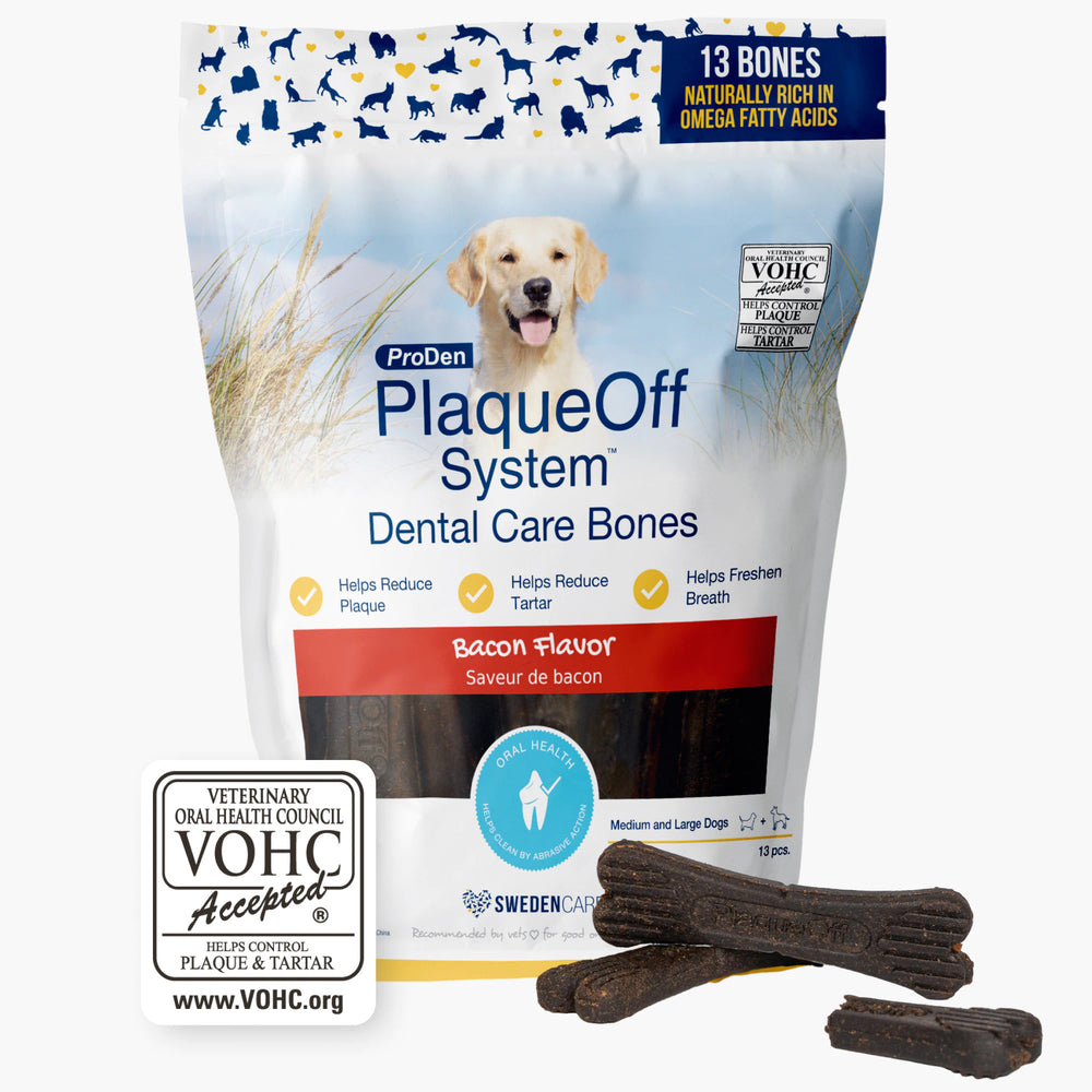 ProDen PlaqueOff Dental Care Bones Bacon Flavored for Dogs front of bag.