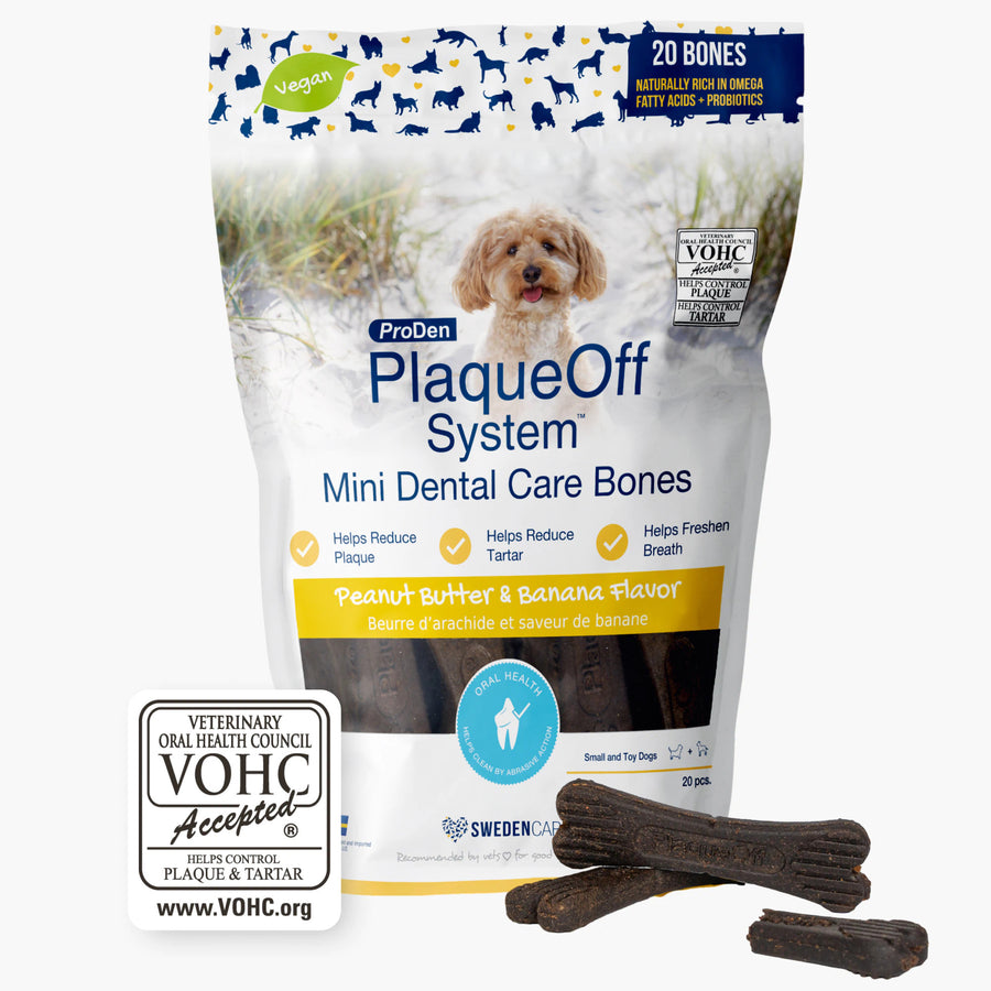 ProDen PlaqueOff Mini Dental Care Bones Peanut Butter & Bananna Flavored for Dogs front of bag.
