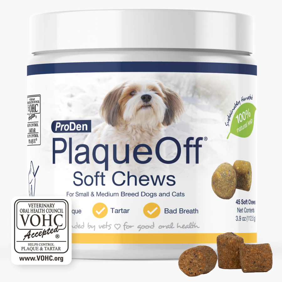 ProDen PlaqueOff Soft Chews - Small and Medium Breed Dogs 45 ct front of tub.