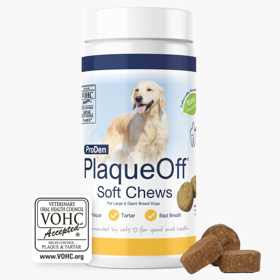 ProDen PlaqueOff Soft Chews Large & Giant Breed Dogs 45 ct front of tub.
