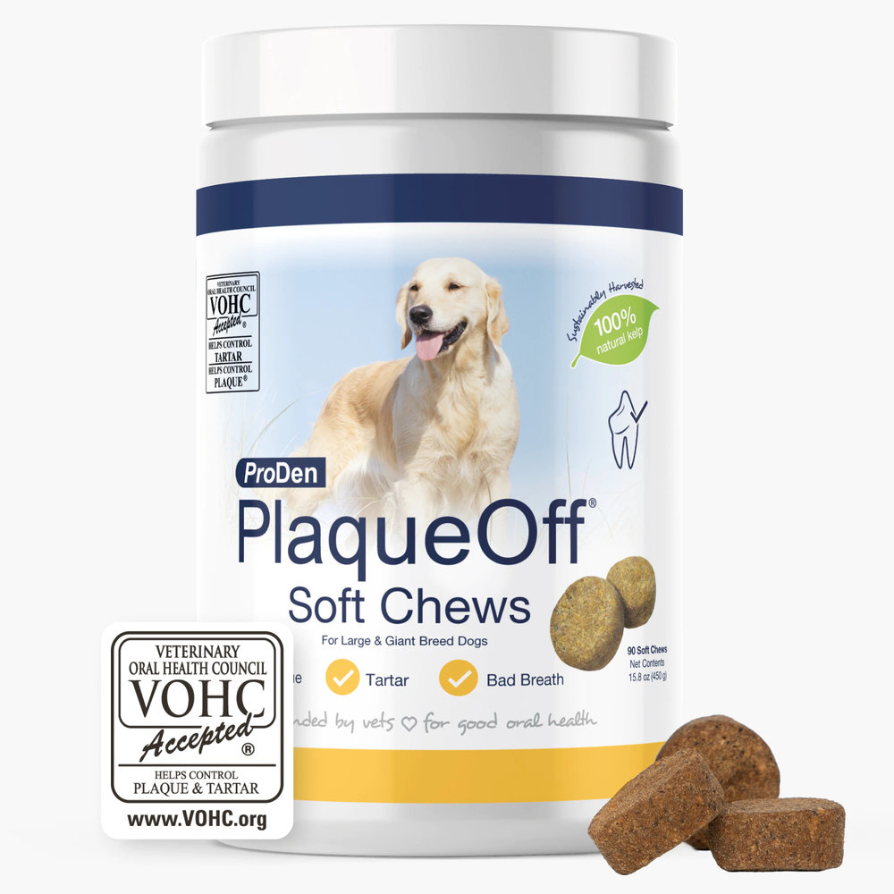 ProDen PlaqueOff Soft Chews - Large & Giant Breed Dogs 90 ct front of tub.