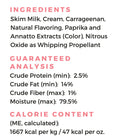 Guaranteed Analysis, Ingredients and Caloric Content for Pup Cup! Bacon Flavor Whipped Treat for Dogs 