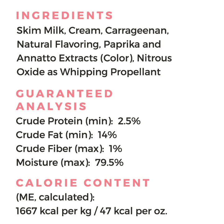 Guaranteed Analysis, Ingredients and Caloric Content for Pup Cup! Bacon Flavor Whipped Treat for Dogs 
