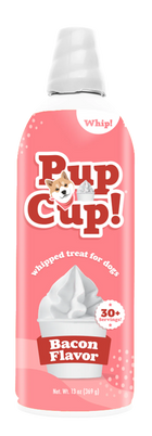 Front bottle of Pup Cup! Bacon Flavor Whipped Treat for Dogs 13oz