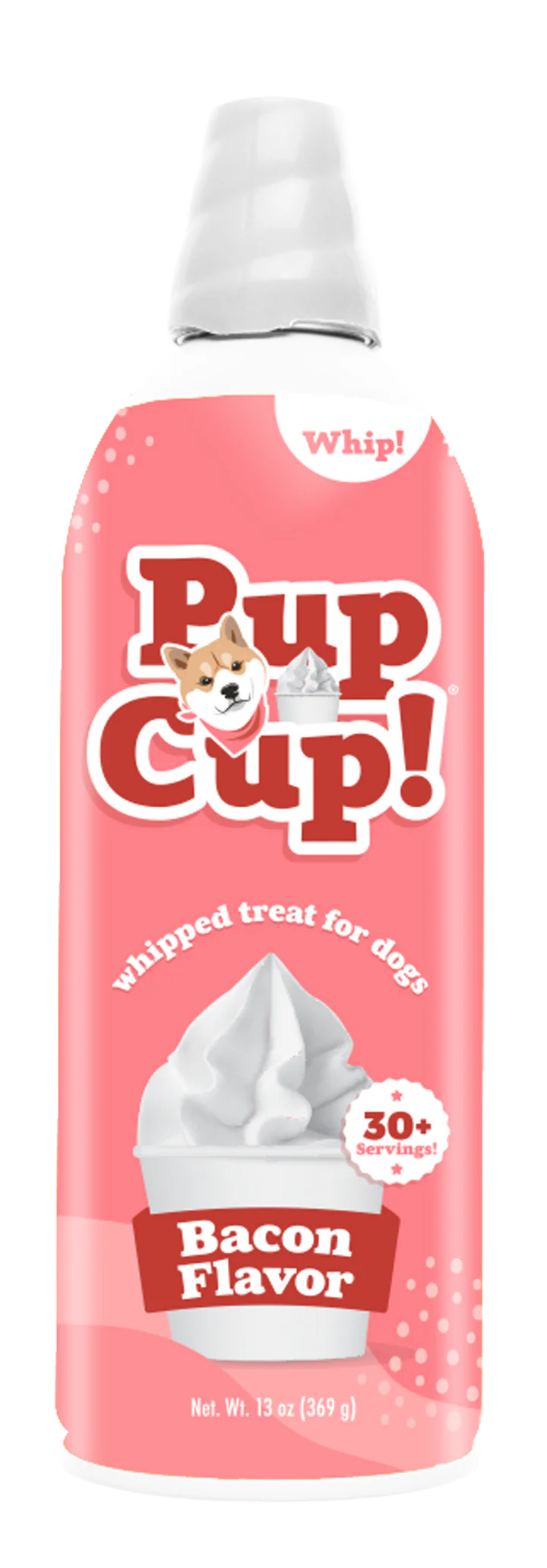 Front bottle of Pup Cup! Bacon Flavor Whipped Treat for Dogs 13oz