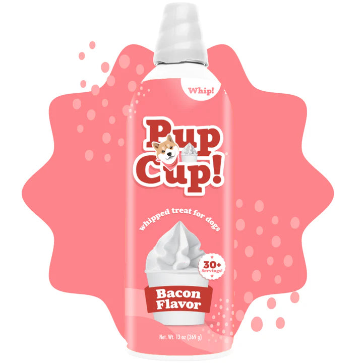 Front Bottle of Pup Cup! Bacon Flavor Whipped Treat for Dogs  13oz Pink Background
