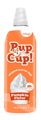 Front bottle of Pup Cup! Pumpkin Flavor Whipped Treat for Dogs 13oz