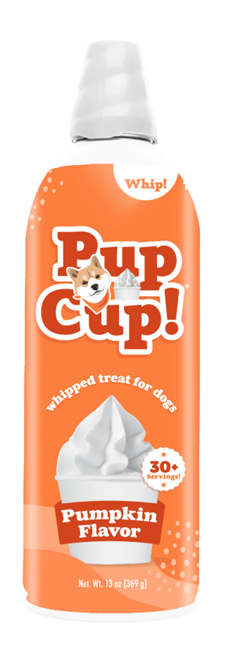 Front bottle of Pup Cup! Pumpkin Flavor Whipped Treat for Dogs 13oz