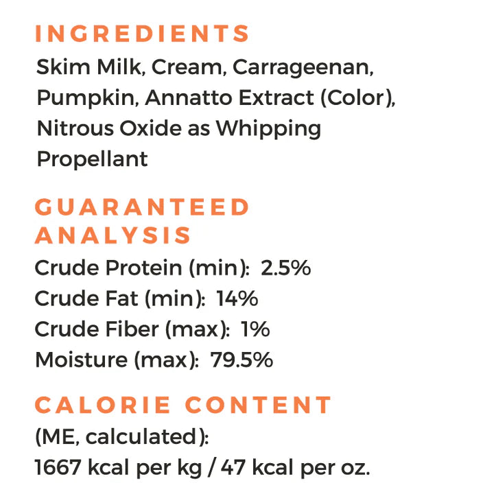 Ingredients, Analysis and Calorie Content of Pup Cup! Pumpkin Flavor Whipped Treat for Dogs