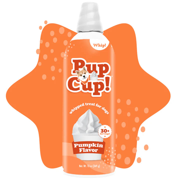 Front bottle of Pup Cup! Pumpkin Flavor Whipped Treat for Dogs 13oz