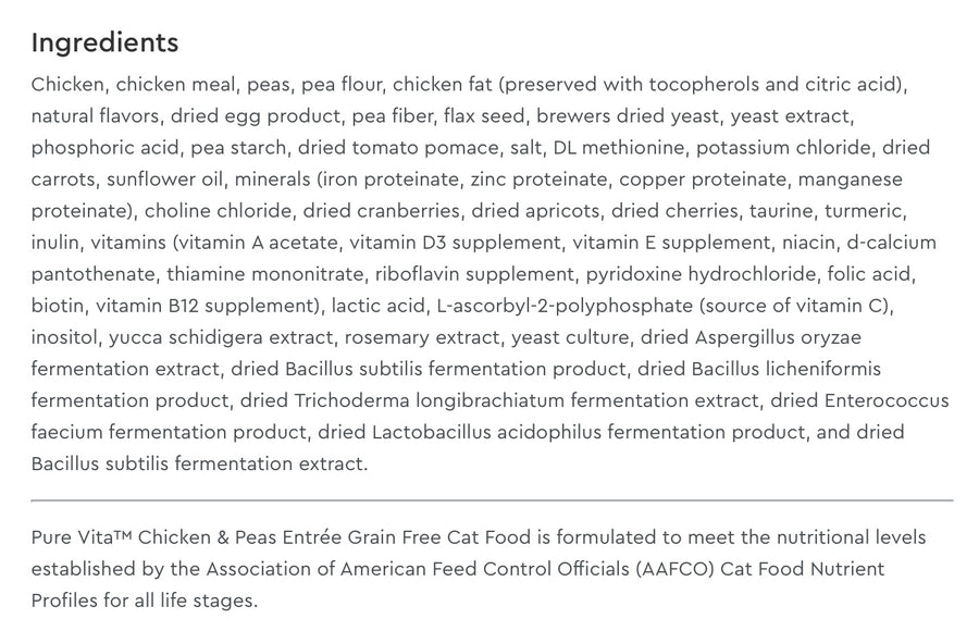 Ingredients list for PureVita Grain-Free Chicken & Peas Entree Dry Cat Food.