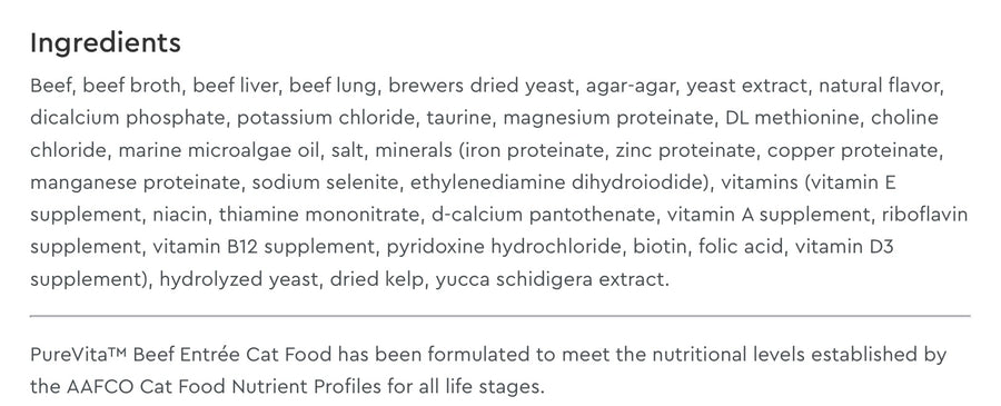 Ingredients list for PureVita Grain Free 96% Real Beef Entree Canned Cat Food.
