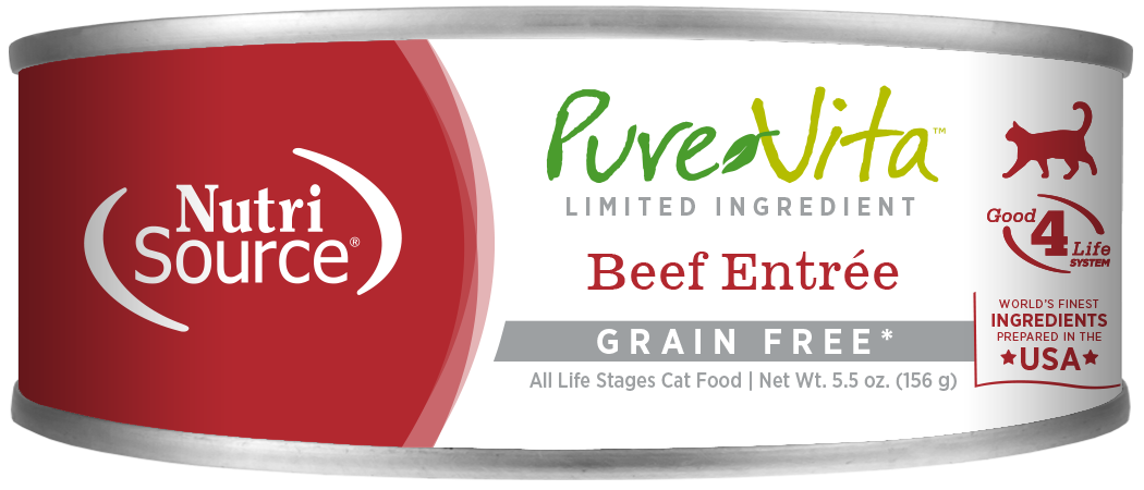 PureVita Grain Free 96% Real Beef Entree Canned Cat Food front of can.