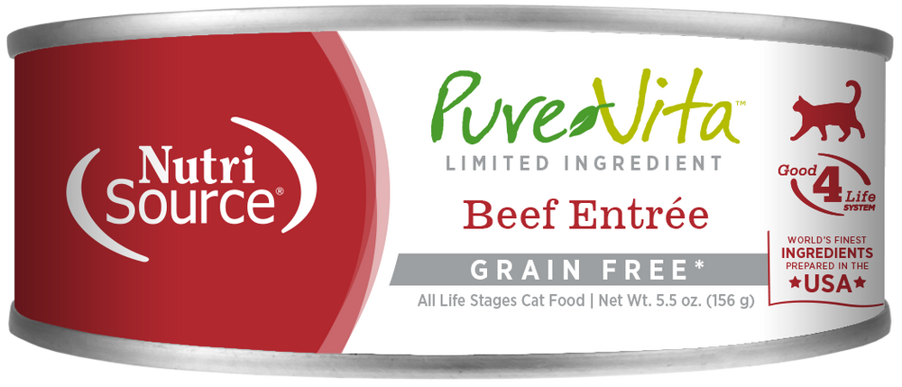 PureVita Grain Free 96% Real Beef Entree Canned Cat Food front of can.
