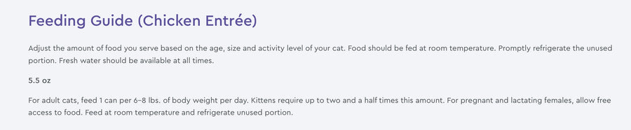 Feeding Guidelines for PureVita Grain Free 96% Real Chicken Entree Canned Cat Food.