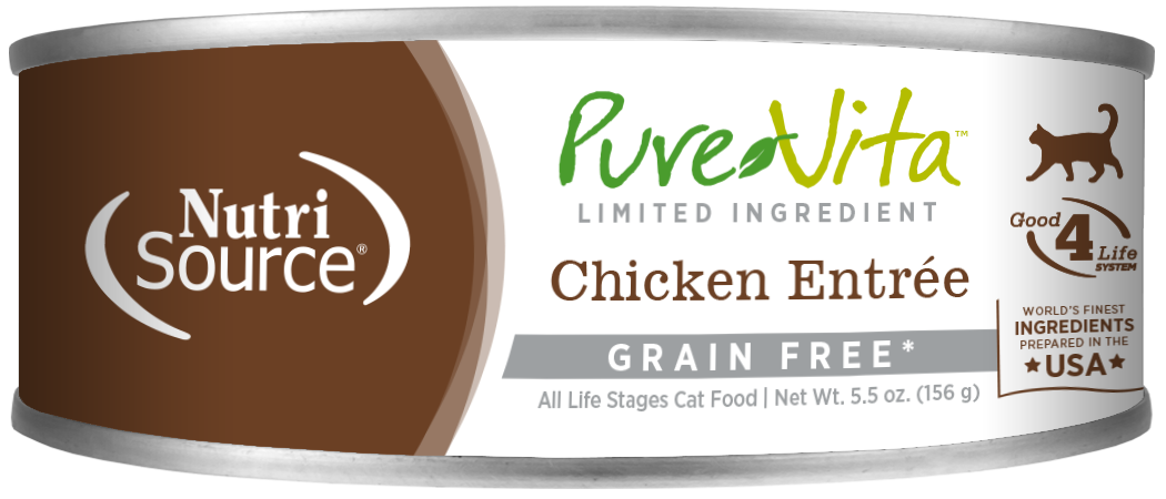 PureVita Grain Free 96% Real Chicken Entree Canned Cat Food front of can.
