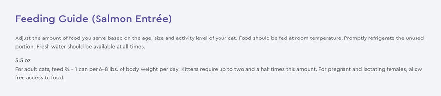 Feeding Guide for PureVita Grain Free 96% Real Salmon Entree Canned Cat Food.