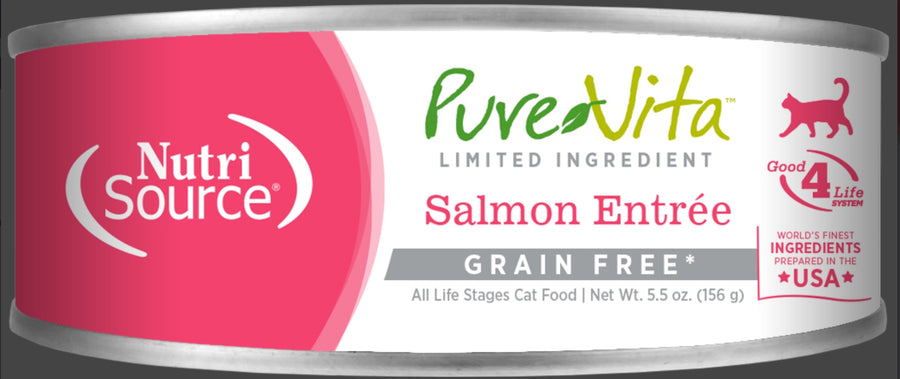 PureVita Grain Free 96% Real Salmon Entree Canned Cat Food front of can.