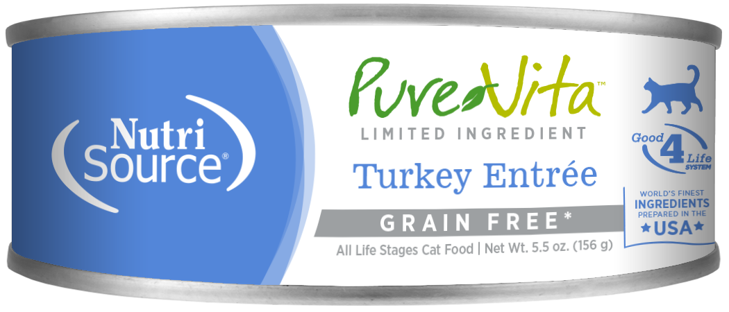 PureVita Grain Free 96% Real Turkey Entree Canned Cat Food front of can.