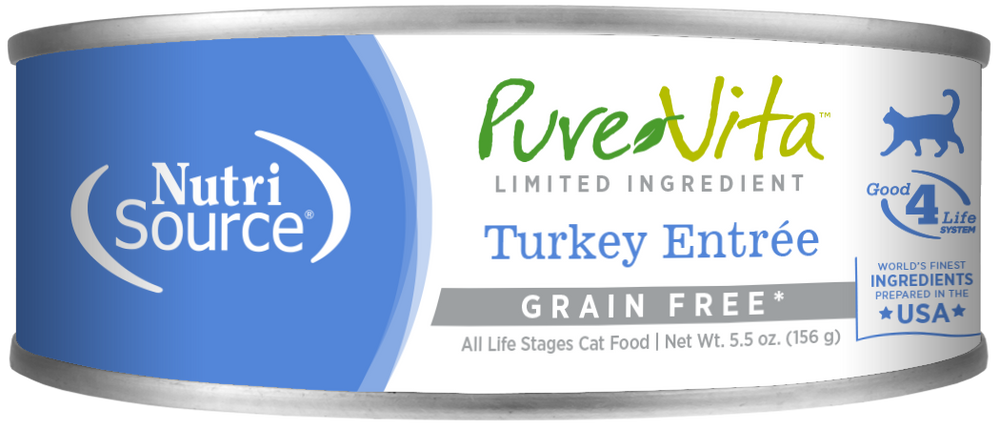 PureVita Grain Free 96% Real Turkey Entree Canned Cat Food front of can.