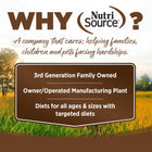 NutriSource brand features,highlighting: 3rd Generation Family Owned, Owner/Operated Manufacturing Plant, and Diets for all ages & sizes with targeted diets