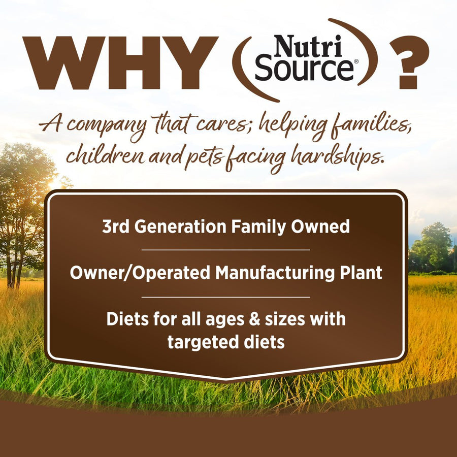 NutriSource brand features,highlighting: 3rd Generation Family Owned, Owner/Operated Manufacturing Plant, and Diets for all ages & sizes with targeted diets
