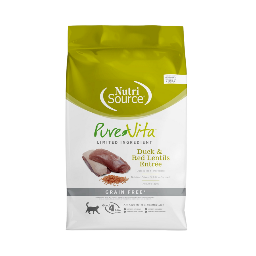 PureVita Grain Free Duck and Red Lentils Dry Cat Food Front Packet