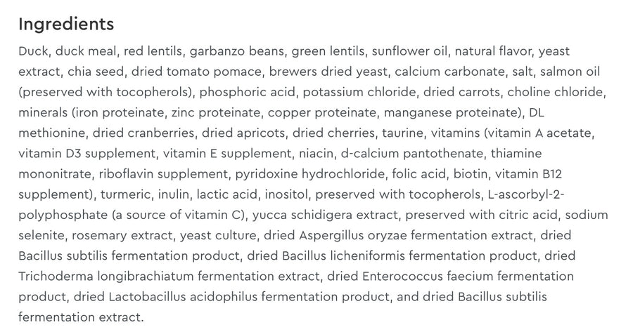 Ingredients list for PureVita Grain Free Duck and Red lentils Dry Cat Food.