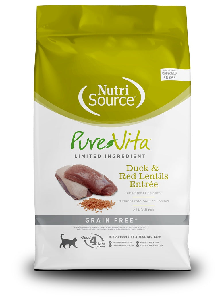 PureVita Grain Free Duck and Red lentils Dry Cat Food front of bag.
