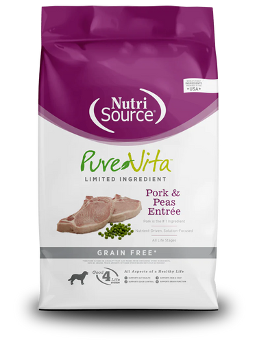 PureVita Grain Free Pork & Peas Dry Dog Food front of bag. 