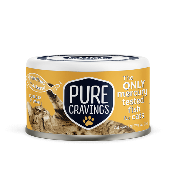 Pure Cravings Cutlets In Gravy Mackerel & Sardines Canned Cat Food front of can.