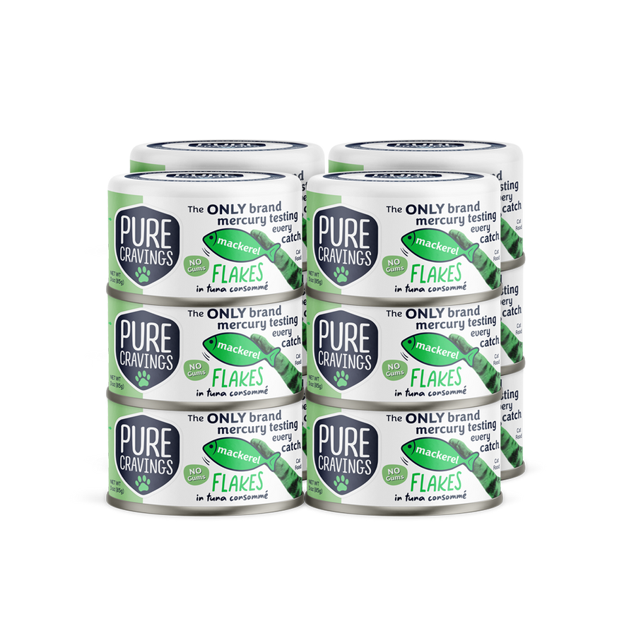 Pure Cravings Mackerel Flakes in Tuna Consomme Canned Cat Food 12 Pack.