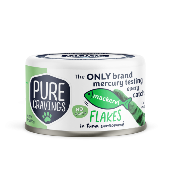 Pure Cravings Mackerel Flakes in Tuna Consomme Canned Cat Food front of can.