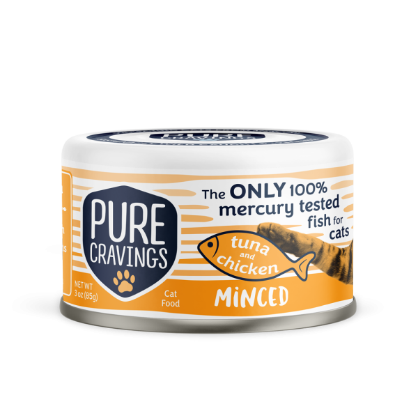 Pure Cravings Minced Tuna & Chicken Canned Cat Food front of can.