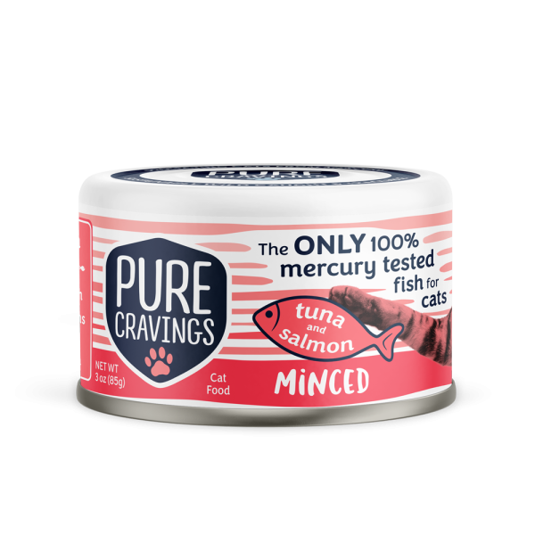 Pure Cravings Minced Tuna & Salmon Canned Cat Food front of can.