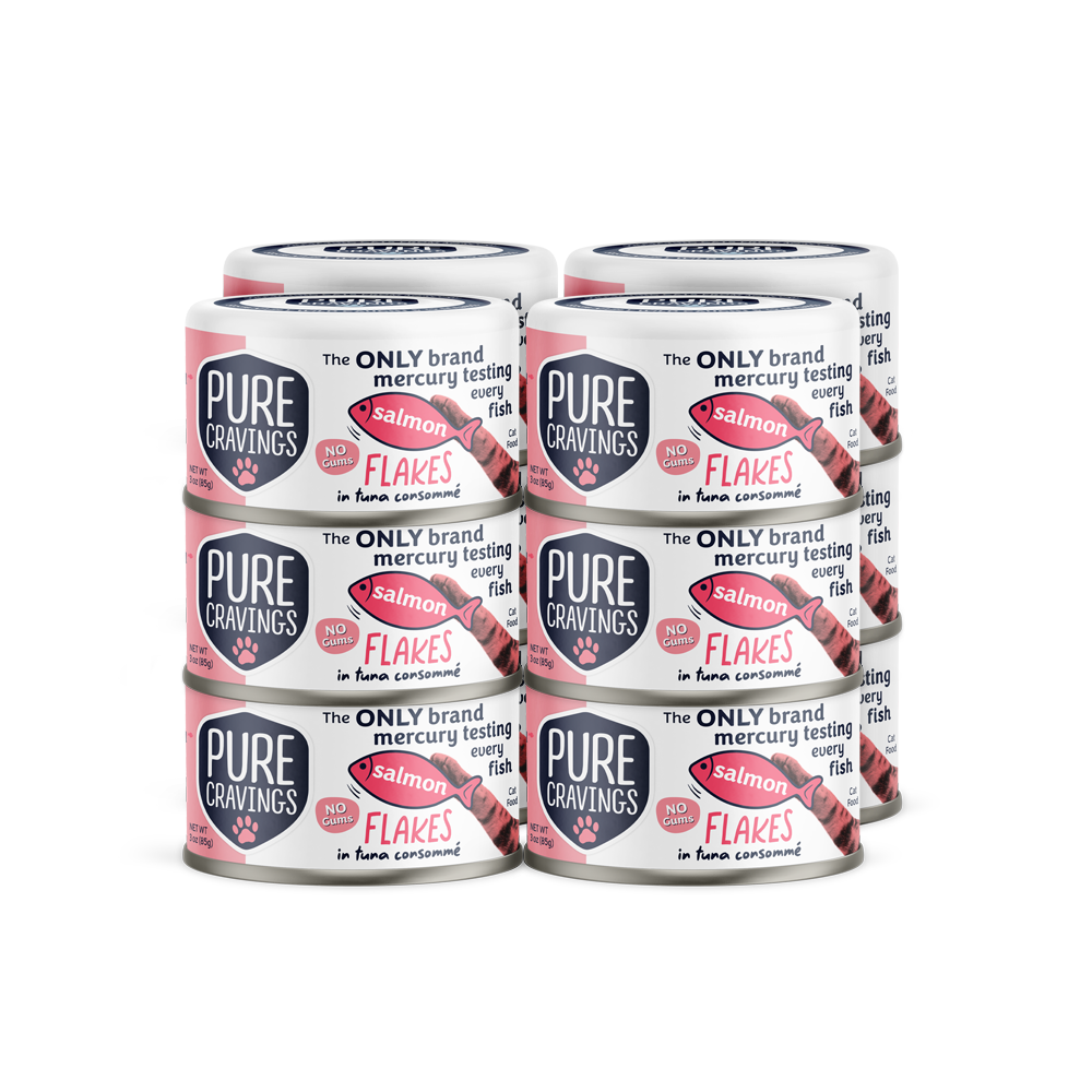 Pure Cravings Salmon Flakes in Tuna Consomme Canned Cat Food 12 Pack.