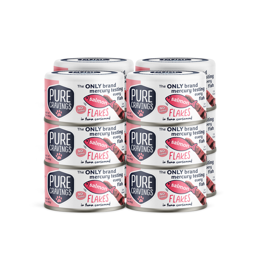 Pure Cravings Salmon Flakes in Tuna Consomme Canned Cat Food 12 Pack.