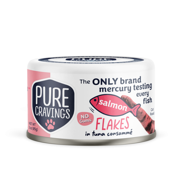 Pure Cravings Salmon Flakes in Tuna Consomme Canned Cat Food front of can.