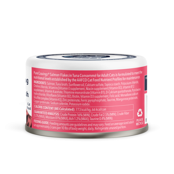 Pure Cravings Salmon Flakes in Tuna Consomme Canned Cat Food Ingredients.