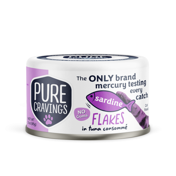 Pure Cravings Sardine Flakes in Tuna Consomme Canned Cat Food front of can.