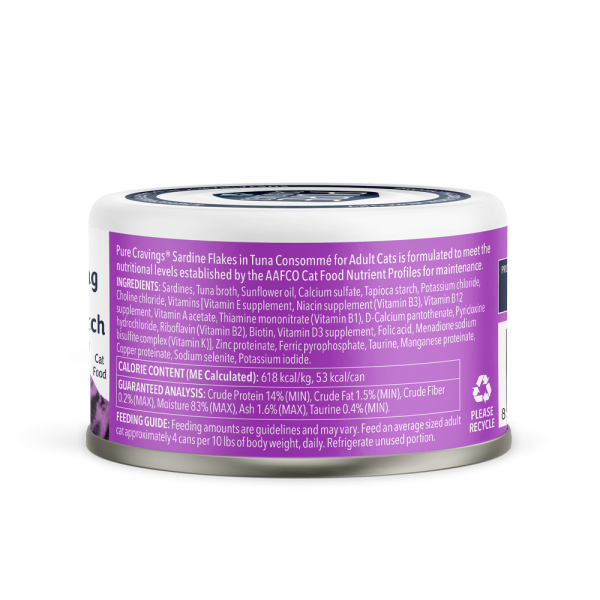 Pure Cravings Sardine Flakes in Tuna Consomme Canned Cat Food Ingredients.