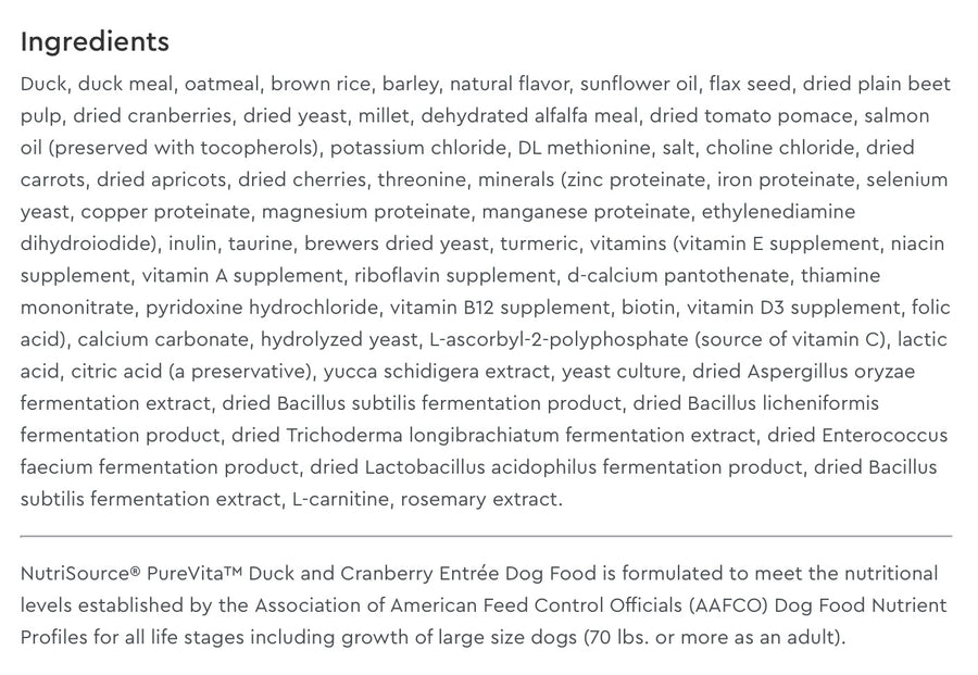 Ingredients list for Purevita Duck & Cranberry Dry Dog Food.